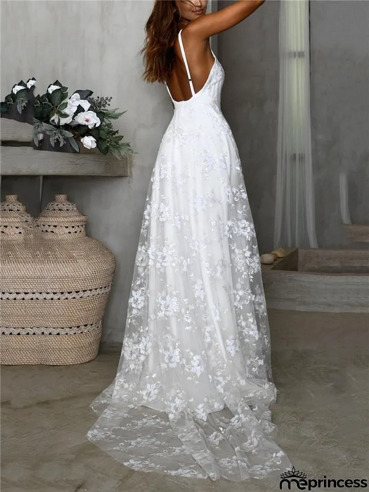 Spaghetti Strap Low V Neck Floral Lace High Slit Wedding Dress