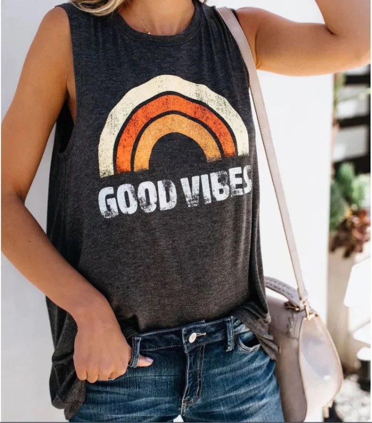 Ladies Vest GOOD VIBES Letter Printed Round Neck Sleeveless T-Shirt