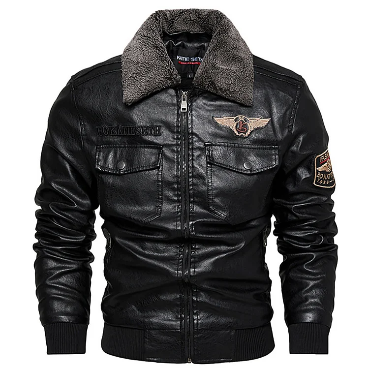 Leather Jacket Fleece Lined Padded Warm Keeping Lapel PU Leather Coat Men's Clothing VangoghDress