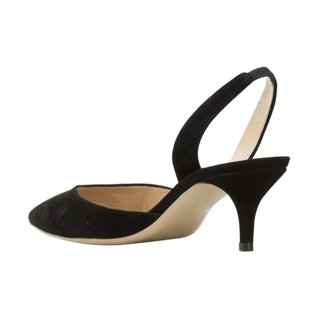 Black Faux Suede Pointed Slingback Classy Pumps with Kitten Heel