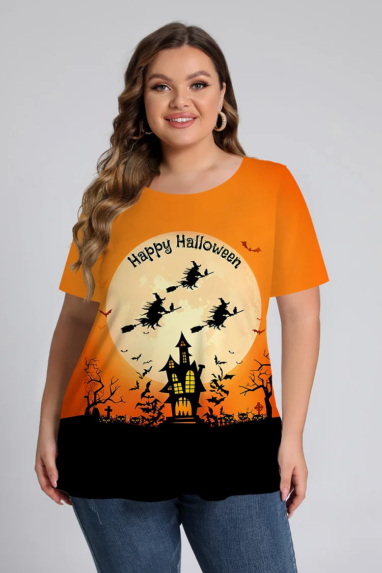 Flycurvy Plus Size Halloween Orange Graphic Letters Print Round Neck T-Shirt  Flycurvy [product_label]