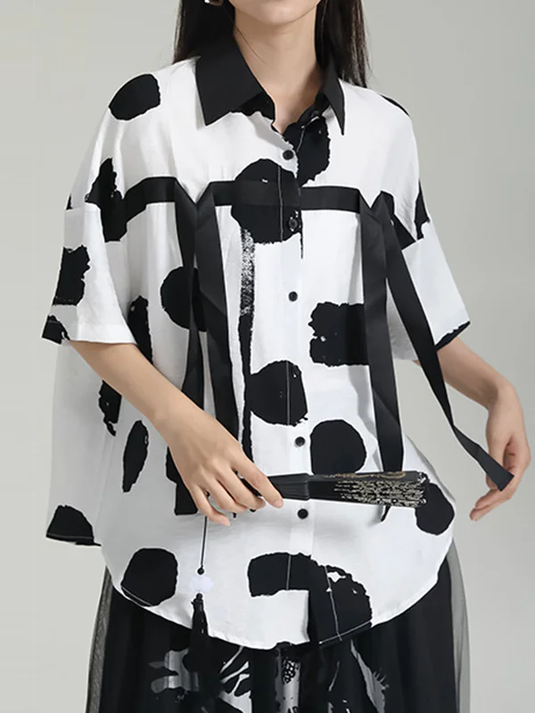 Roomy Short Sleeves Contrast Color Polka-Dot Lapel Shirts Tops