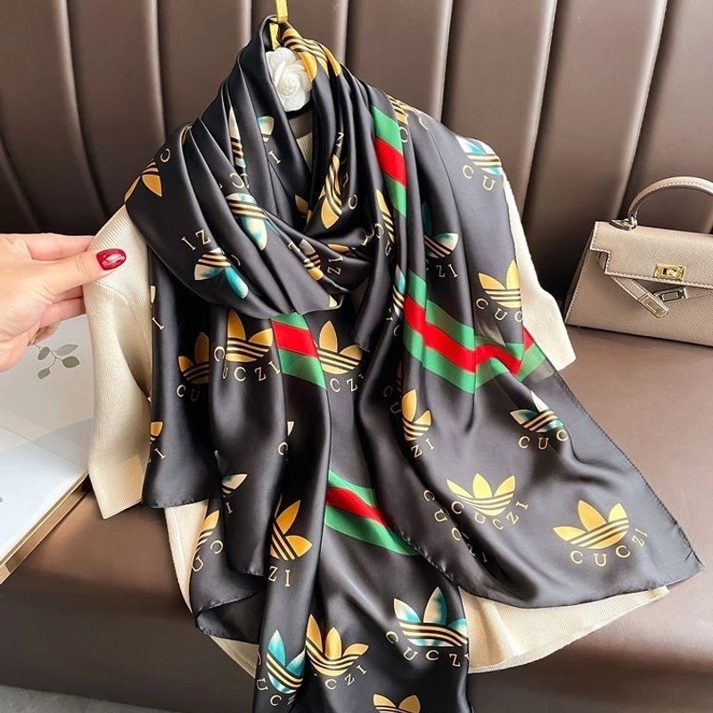 Women’s Fashion Letter Plaid Satin Printing Silk Scarves