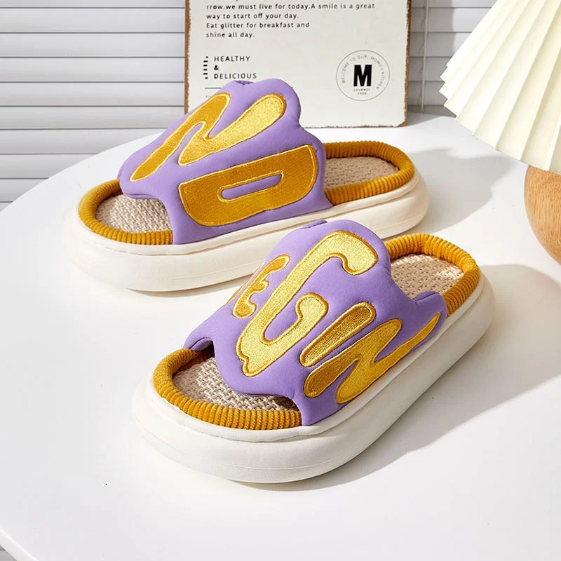 Mo Dou 2022 New Four Season Linen Slippers Women Men Unisex Open Toe Letter Embroidery Vamp Cool Outdoor Soft Hemp Cotton Shoes