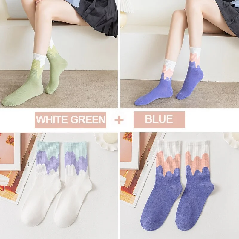 FINETOO 2Pairs/lot Women Midi Tube Socks Female Autumn Winter Candy Colors Korean Japanese Stitching Cotton Girls Graffiti Sock