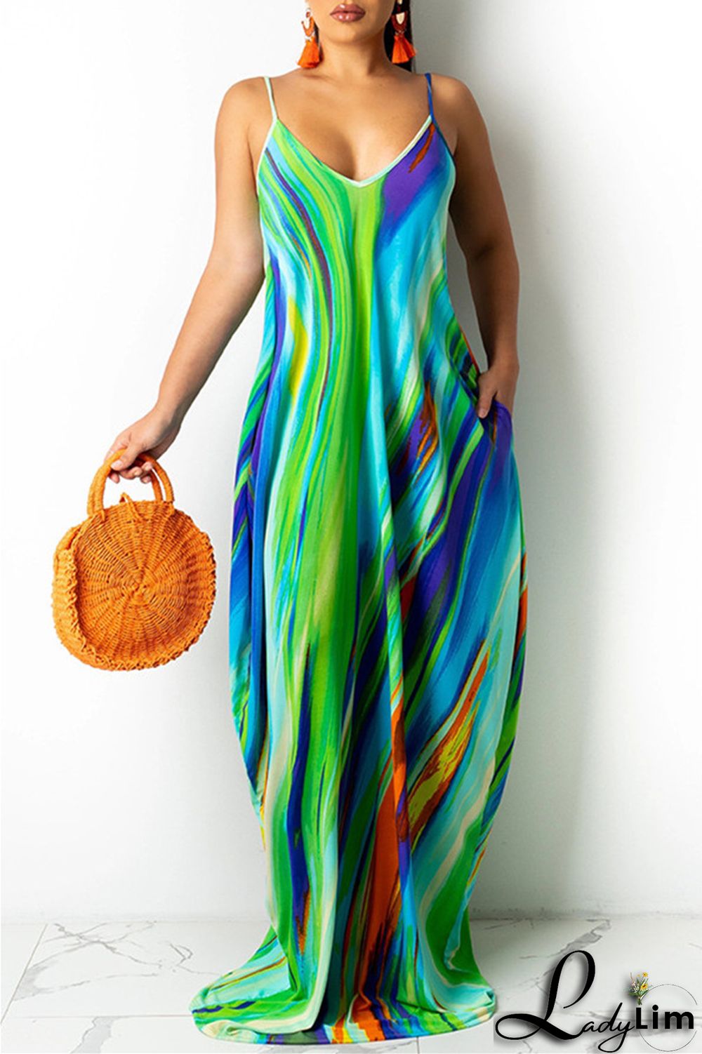 Red Fashion Sexy Print Backless Spaghetti Strap Long Dress