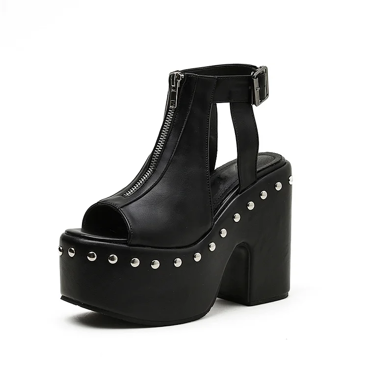 Black Chunky Heels Rivets Shoes Open Toe Sandals |FSJ Shoes