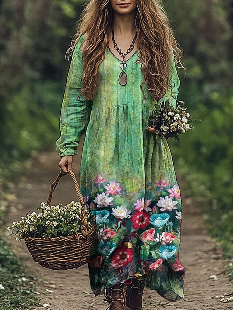 Women's   Retro Flower Print Pocket Cotton Dress