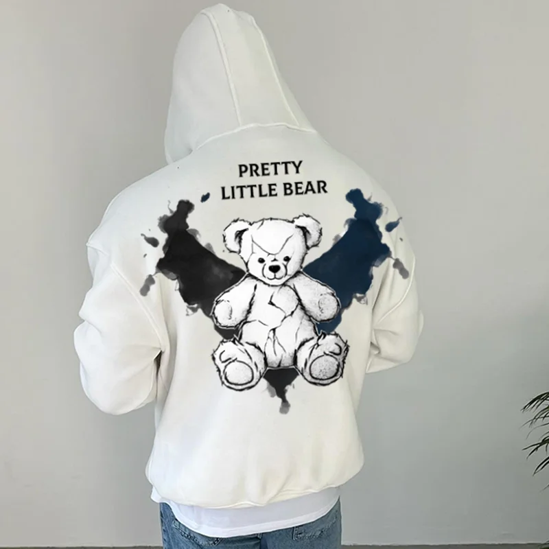 Oversized Bear Graphic Hooded Casual Sweatshirt、、URBENIE