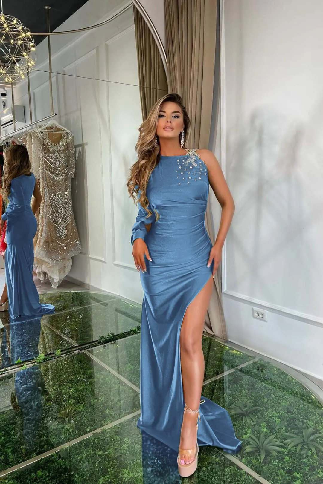 Green Satin Long Prom Dress with Slit main image 0