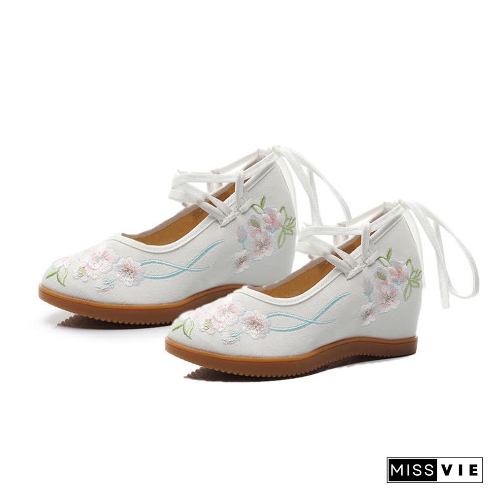 Vintage Blossom Embroidery Lace Up Flats Shoes