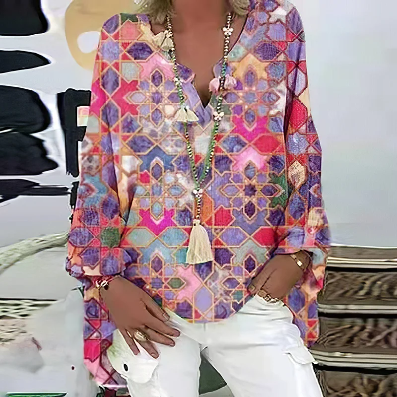 Women's  Multicolor Printing Half-opening Loose-fitting Blouse