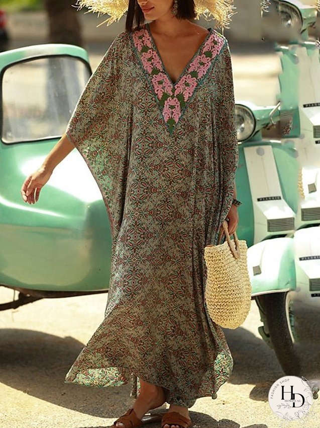 Boho Dress Cover Up Beach Wear Long Dress Maxi Dress Dolman Print Ethnic Casual Floral V Neck 3/4 Length Sleeve Loose Fit Outdoor Daily Green Summer Spring One Size for Women