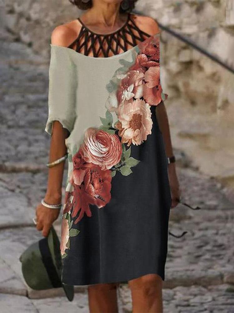 Hollow out Stitching Printed Dress-Mayoulove