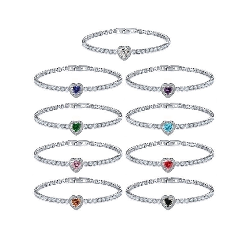 Copper Rhodium Plated Minimalist Shiny Inlay Round Water Droplets Heart Shape Zircon Tennis Bracelet