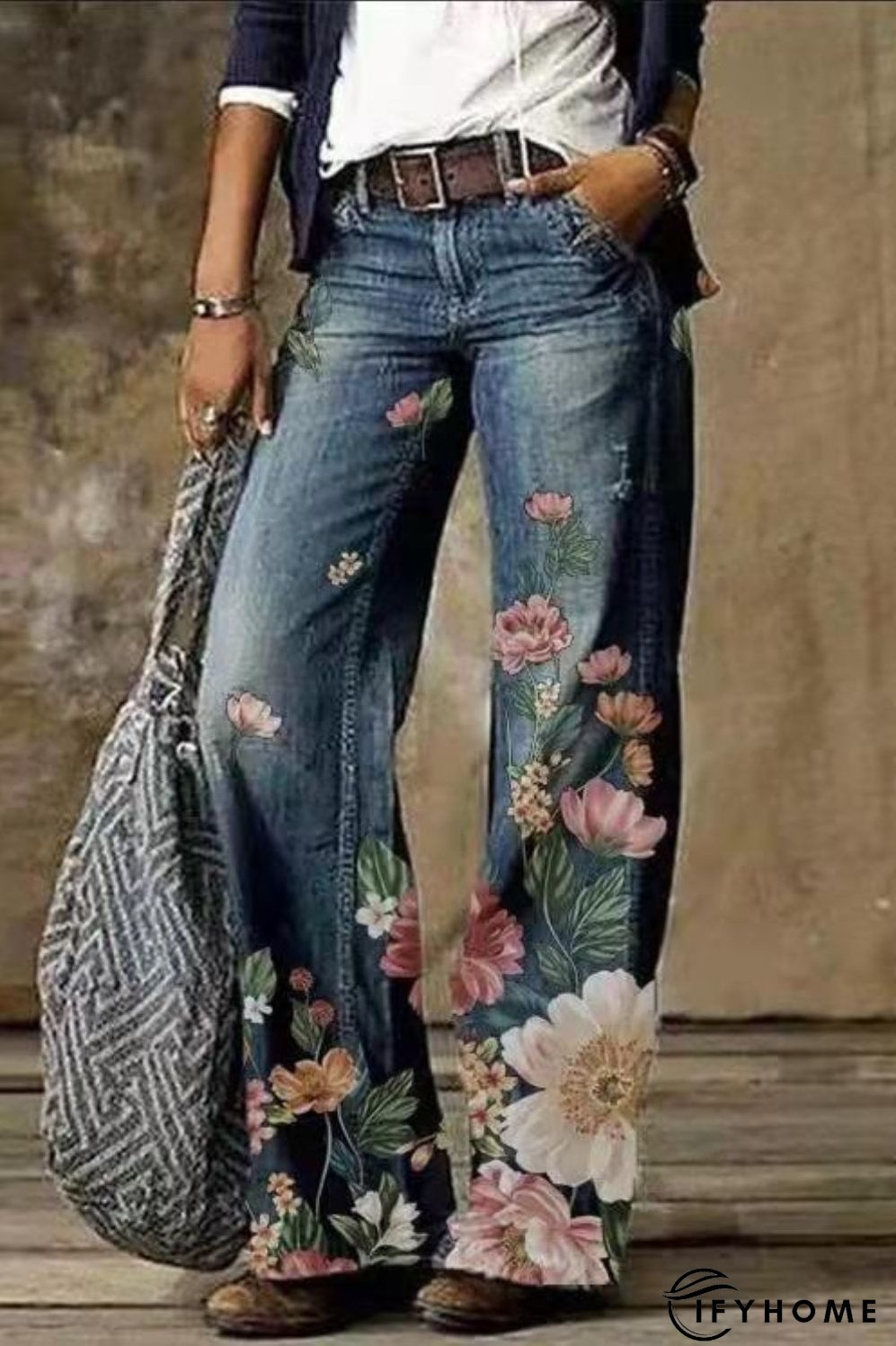 Floral Women's High Waist Straight Leg Wide Fashion Loose Jeans | IFYHOME