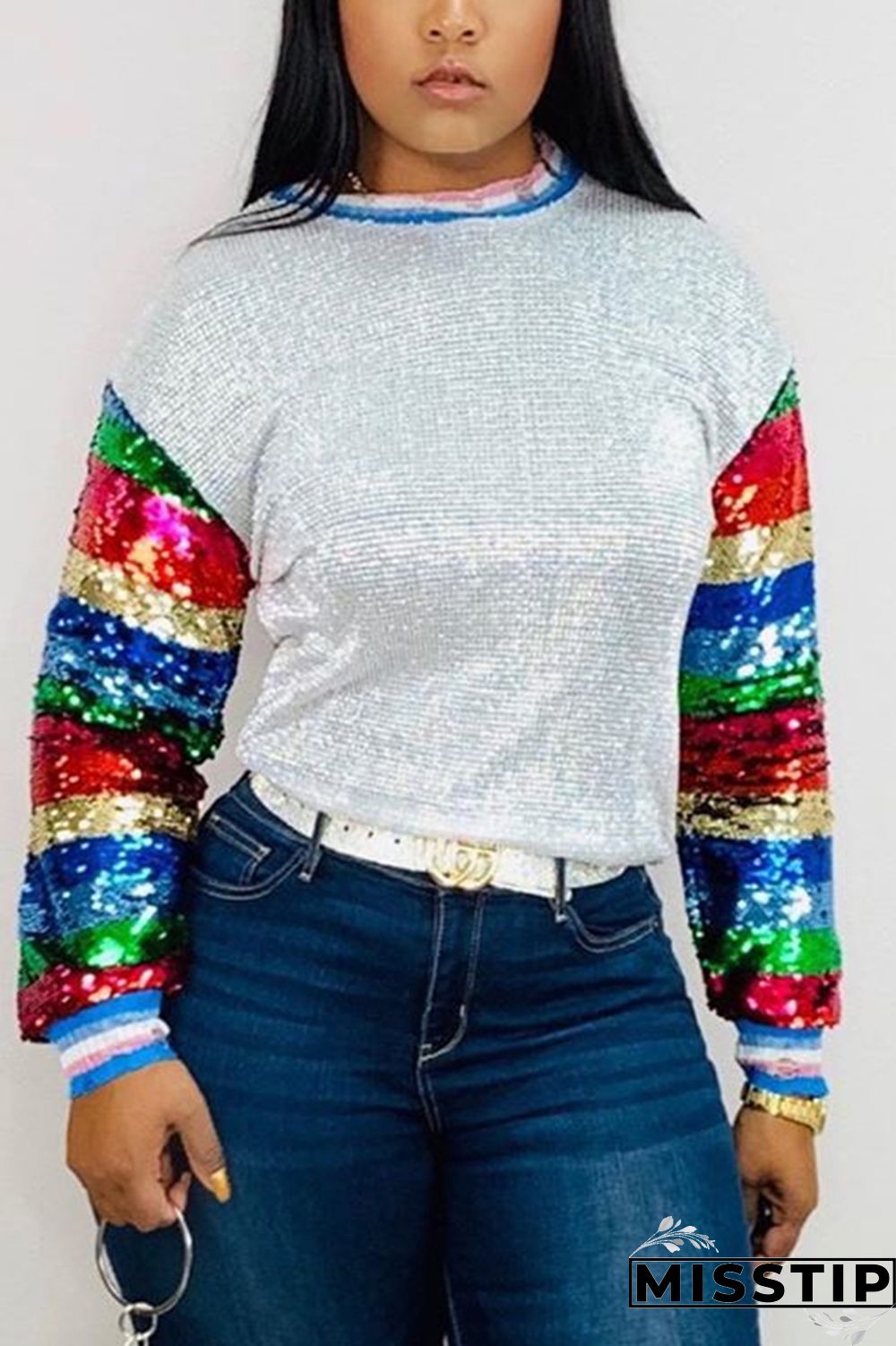 Multicolor Fashion Sequined Long Sleeve Top