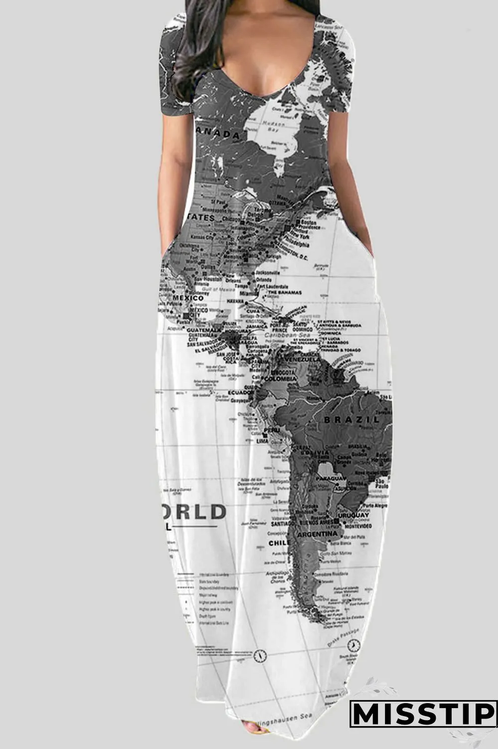 Black Casual Print Patchwork V Neck Straight Dresses
