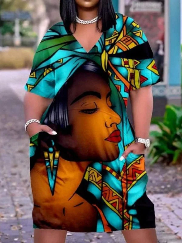 Women's Blue Plus Size V-neck Mid-sleeve Dress