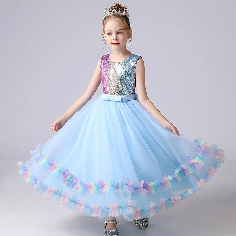 Girls Clothes Wedding Frock Gown Sequined Stitching Cake Mesh Skirt Flower Princess Summer Kids Tutu Dress