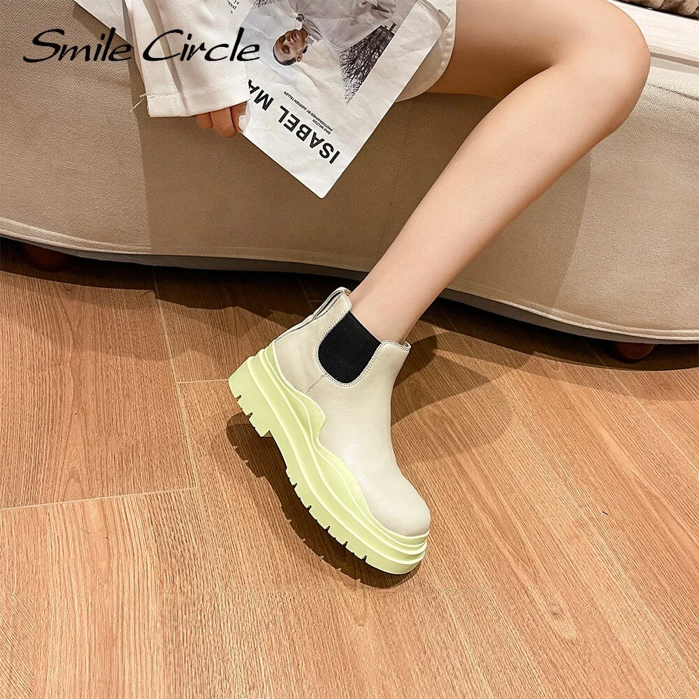 Smile Circle Ankle Boots Women Flats Platform shoes Genuine Leather Fashion Thick bottom Ladies Short Boots 2021