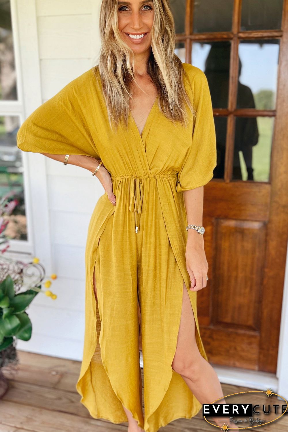 Yellow Surplice V Neck Half Sleeves Slit Leg Jumpsuit