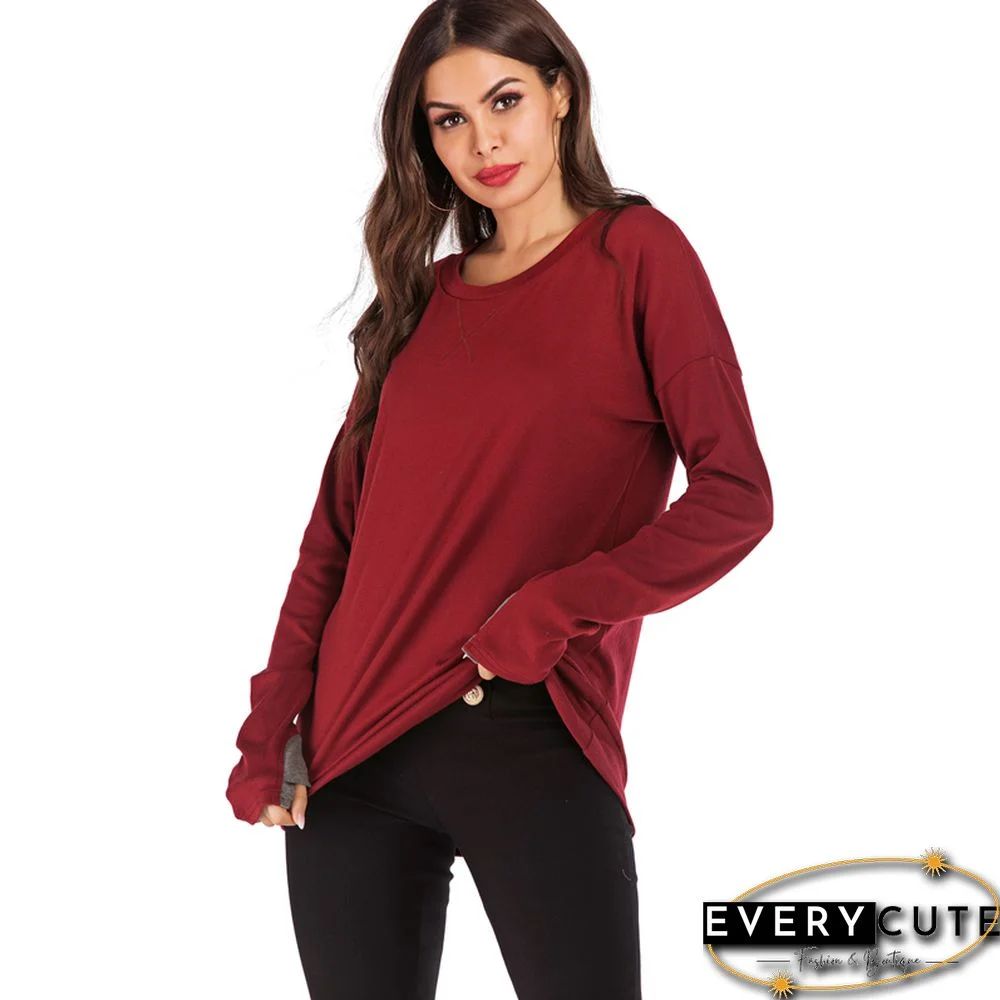 Wine Red Long Sleeve Pullover Sweatshirt