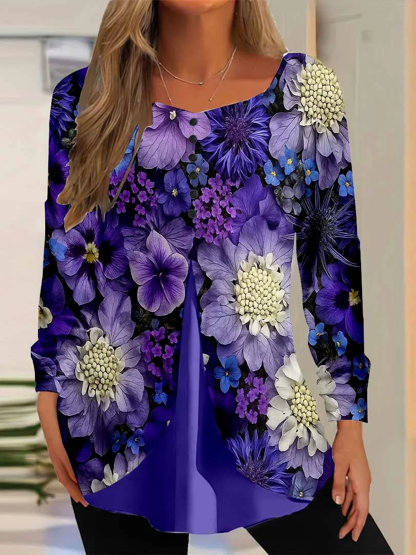 Women Floral,Purple DZGG8347 Long Sleeve Scoop Neck Printed Graphic Button Fake 2in1 Tops