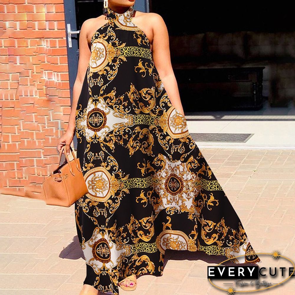 Women Fashion Pleated Printed Long Maxi Vestido S-5XL Sleeveless Round Neck Baggy Dresses