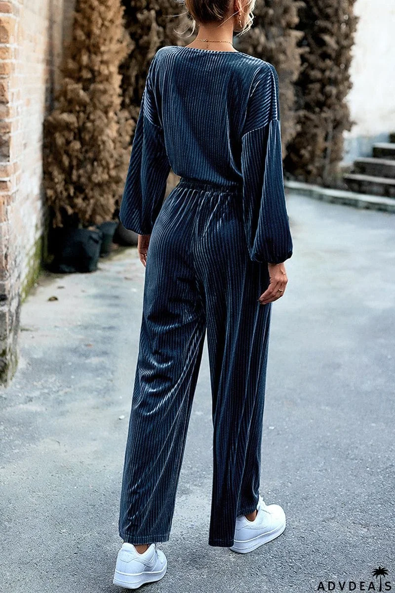 Elegant Solid Pocket O Neck Long Sleeve Two Pieces