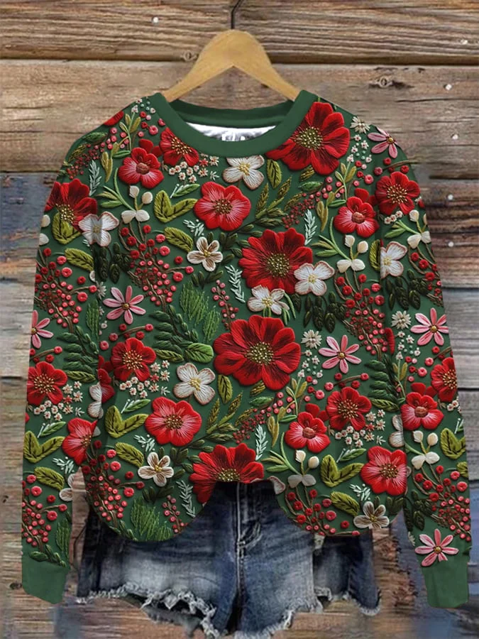 Women's Red and Green Christmas Floral Print Sweatshirt