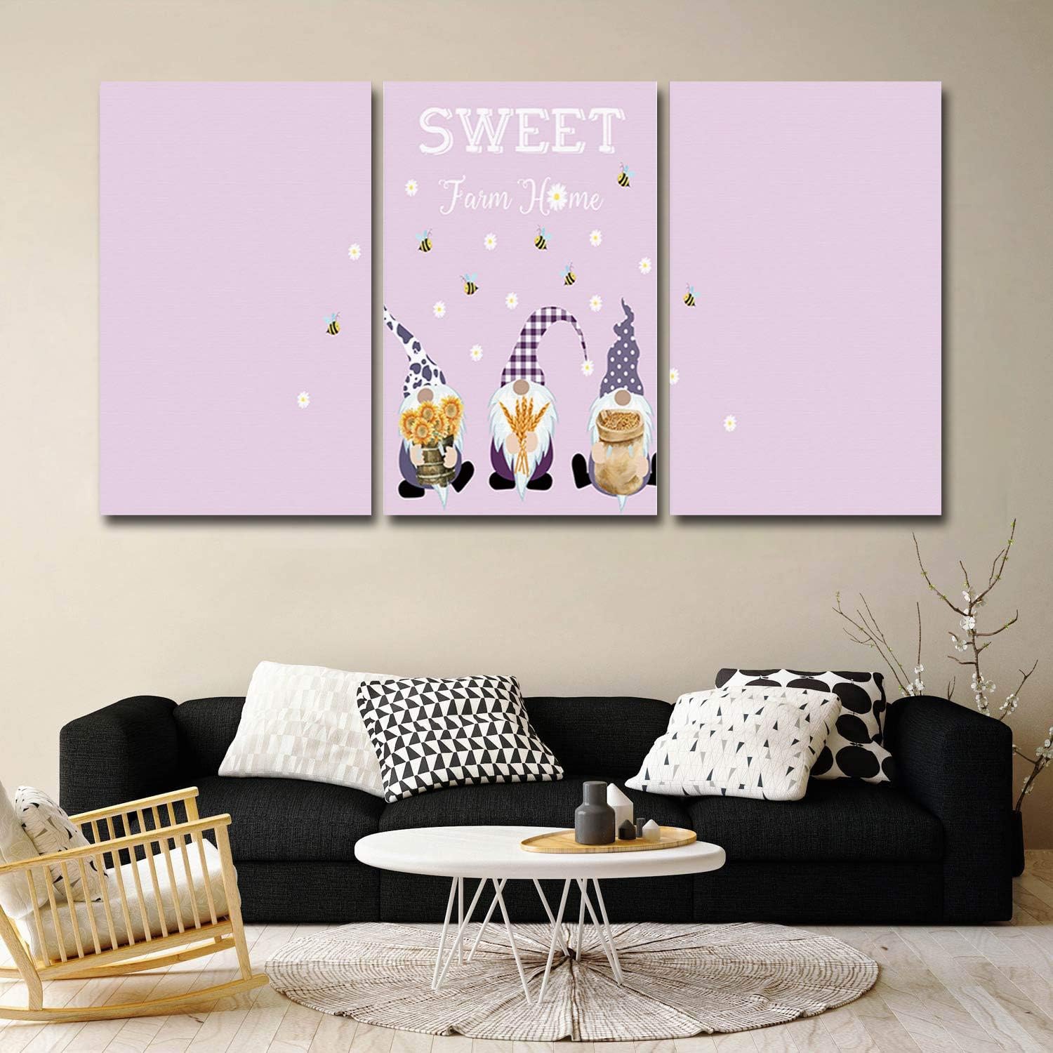3 Piece Canvas Wall Art for Living Room, Sweet Farm Home Stretched and Framed Art Canvas Prints for Home Holiday Decoration 12 inch  W x 16 inch  H x 3 Panels, Ready to Hang - Cute Gnomes Bees Sunflowers Pink