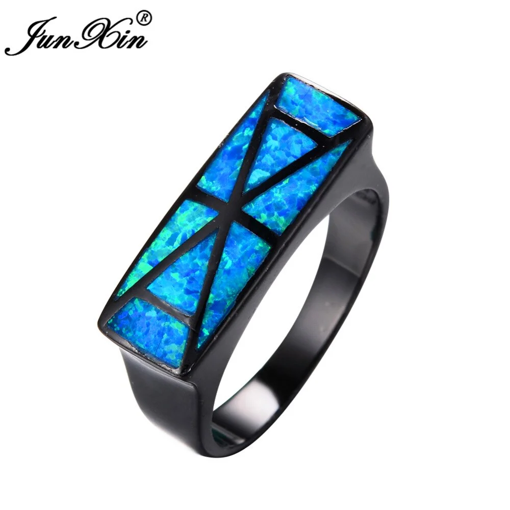 JUNXIN Brand Geometric Design Big Ocean Blue Opal Ring Vintage Wedding Engagement Rings For Men And Women Fashion Jewelry