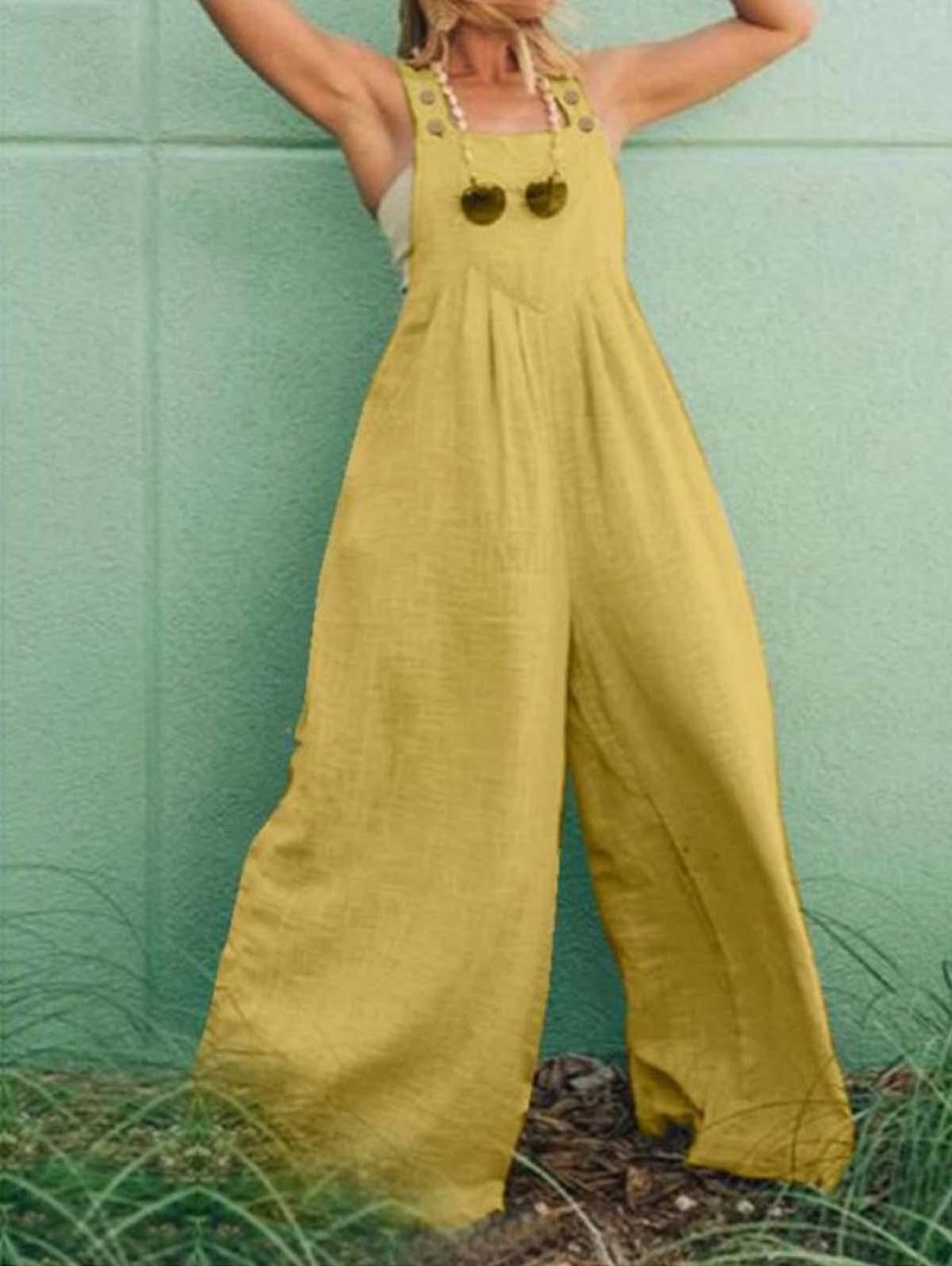 Ladies Cotton Linen Solid Color Strap Long Wide Leg Jumpsuit