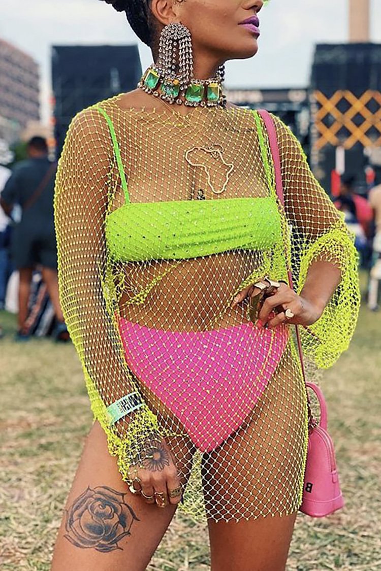 See-Through Fluorescent Green Long Sleeves Cut Out T-Shirt 