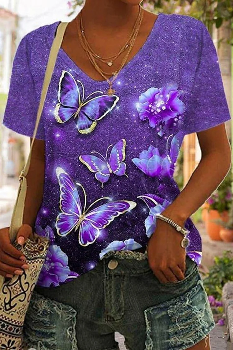 Flycurvy Plus Size Casual Purple Butterfly Print T-Shirt  Flycurvy [product_label]