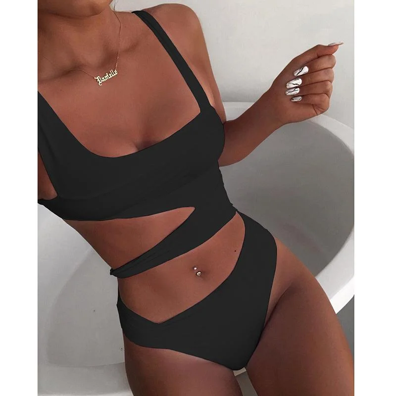 Sexy Bikini Set One Shoulder One Piece Swimsuit 2021 New Off Shoulder White Patchwork Swimwear Bodysuit Bathing Suit Black