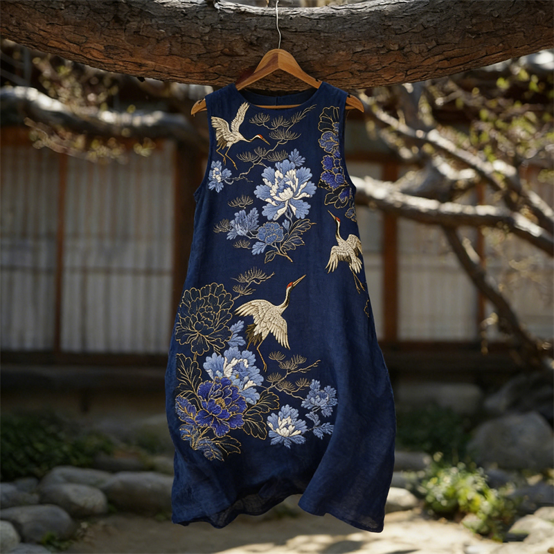 Japanese Cranes & Flowers Flowy Linen Tank Dress wearshes