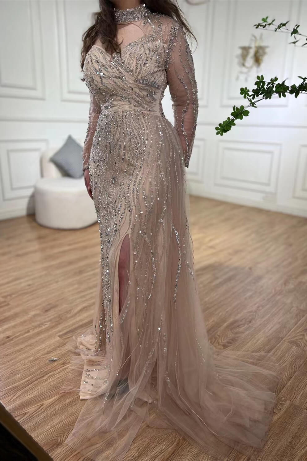 Luluslly Champagne Halter Mermaid Evening Dress With Split Beadings Ruffles Long Sleeves 