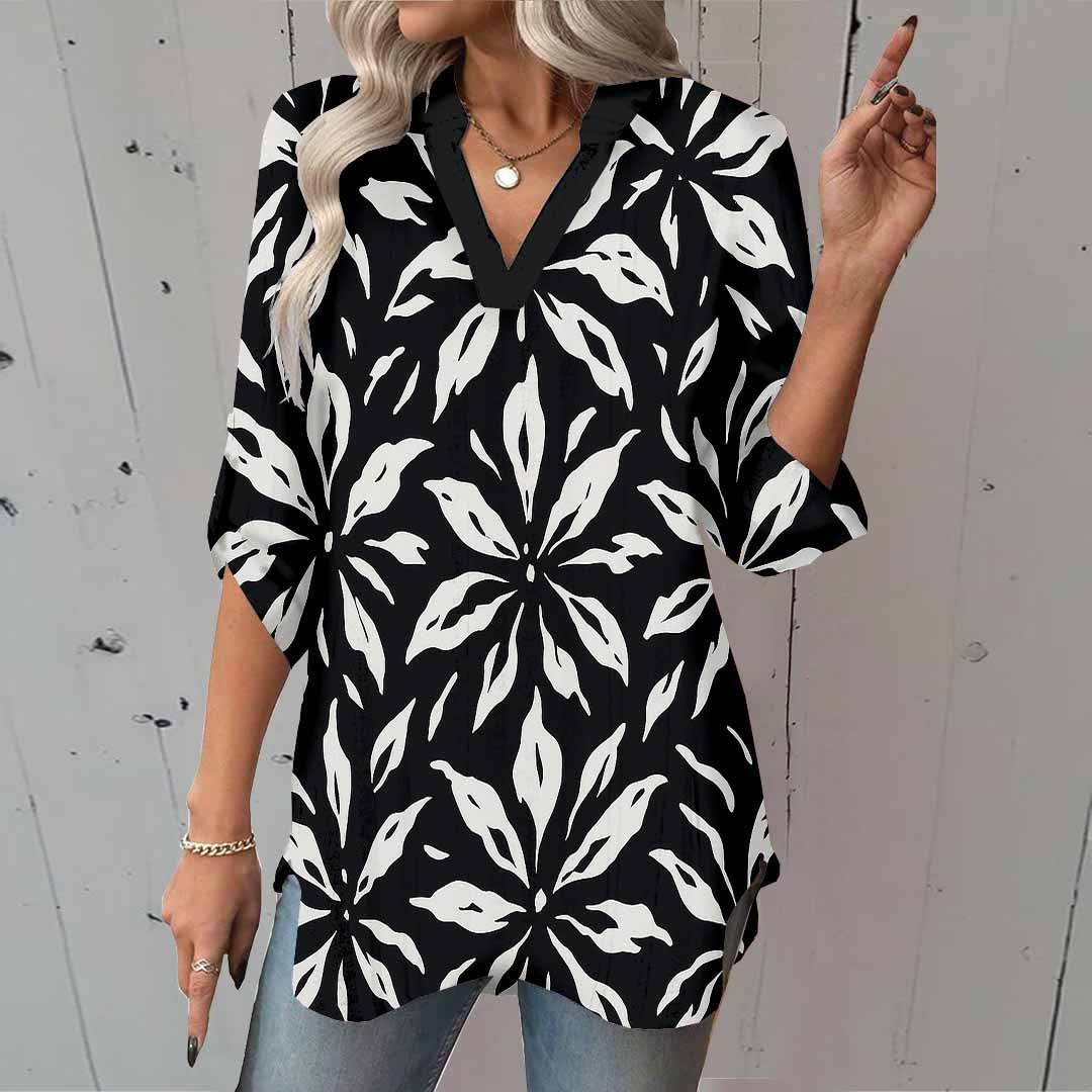 Women Floral, Black, White DZGA0137 3/4 Sleeve V-neck Printed Graphic Button Tops
