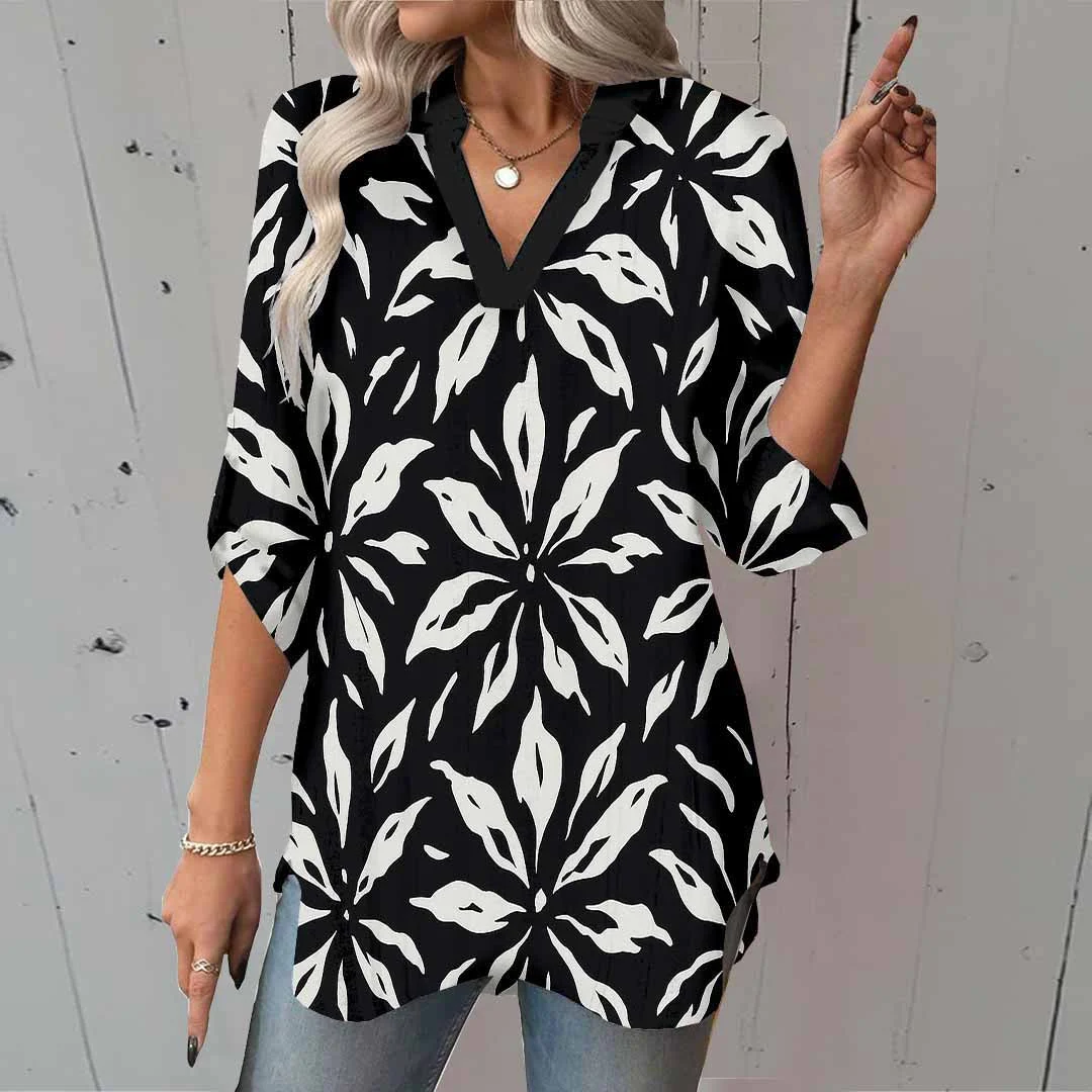 Women Floral, Black, White DZGA0137 3/4 Sleeve V-neck Printed Graphic Button Tops