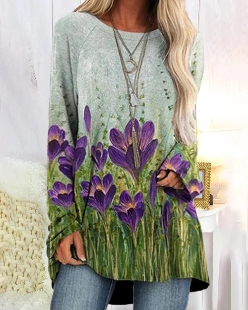 Wind And Rain Flowers Print Loose Women's T-shirt