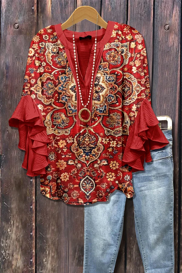 Vintage Ethinc Print Ruffle Sleeve Top
