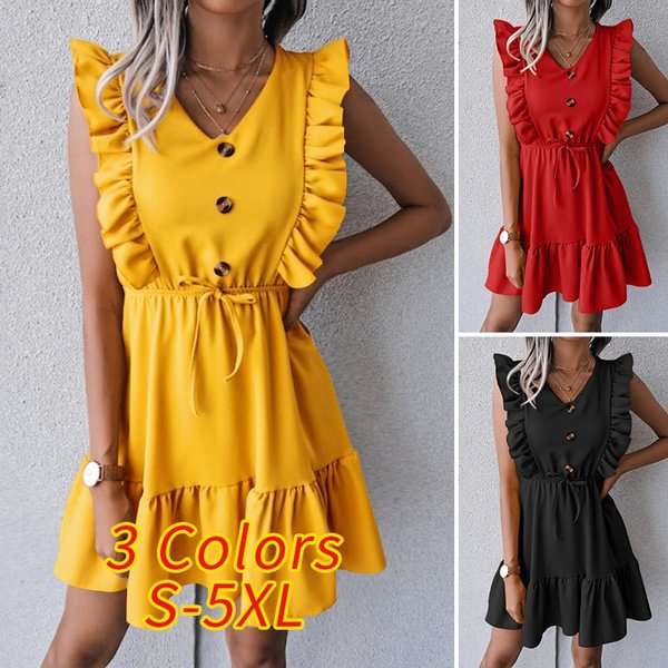 Women Sleeveless Mini Dress Ruffle V Neck Party Casual Pleated Tank Short Dress Plus Size - Shop Trendy Women's Clothing | LoverChic