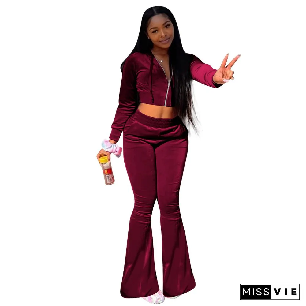 Velvet Solid Zipper Hooded Crop Tops Flare Pants Set