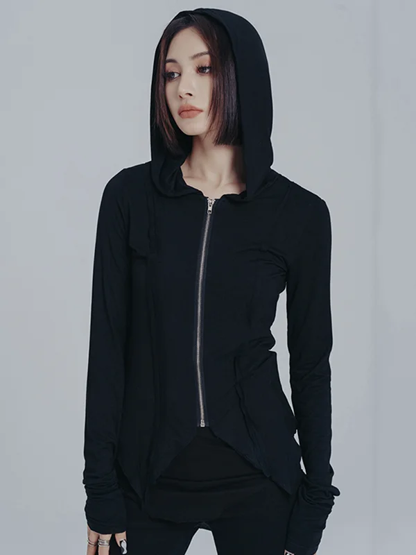 Sports Pure Color Zipper Hooded Outerwear Top