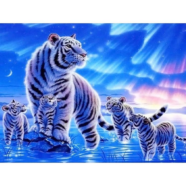 Peinture de diamant - ronde complète - tigres blancs