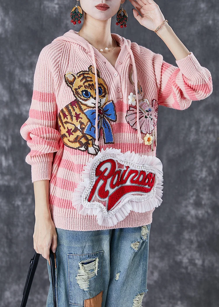 Casual Pink Animal Embroideried Patchwork Knit Pullover Tops Fall