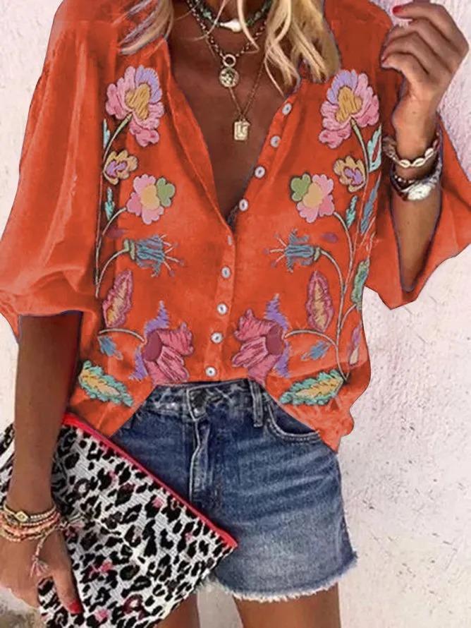 Women V-Neck Floral-Print Vintage Blouses