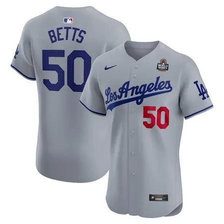 Men's Los Angeles Dodgers #50 Mookie Betts  Gray 2024 World Series Road Elite Player Jersey